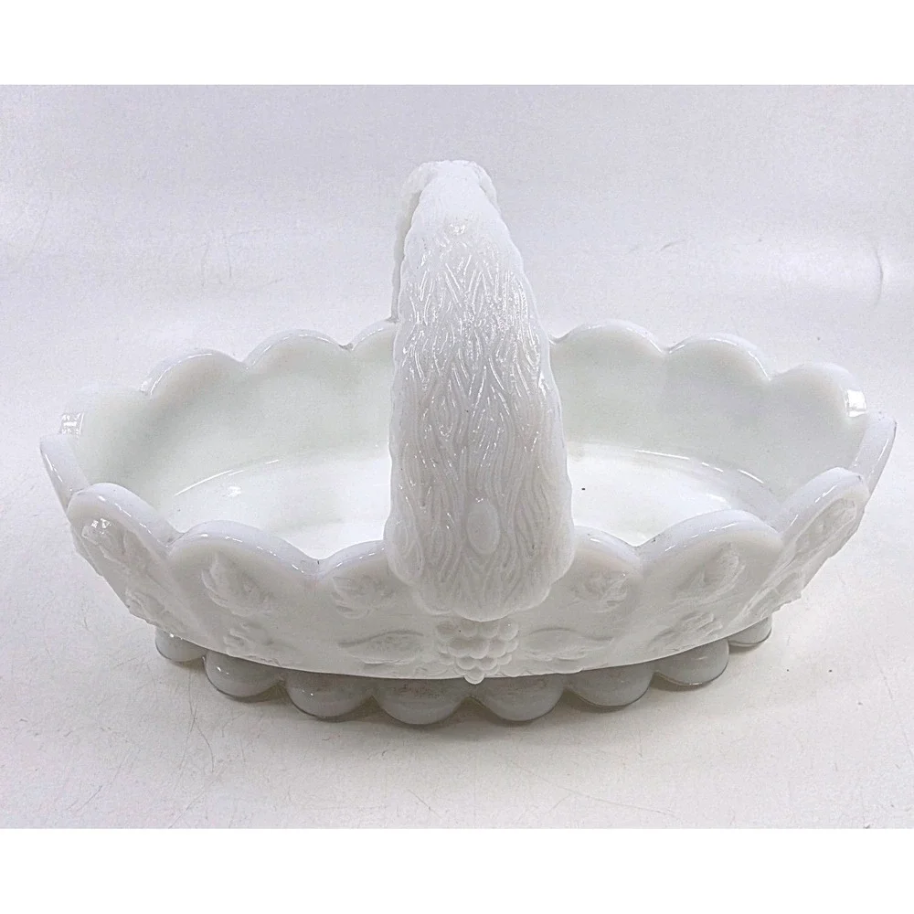 Vintage Milk Glass Grape Basket with 2 Ceramic Easter Eggs Floral Speckled Decor